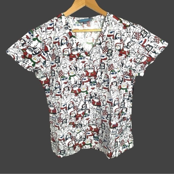 Christmas Santa Penguins Women’s Scrub Top - Picture 2 of 6